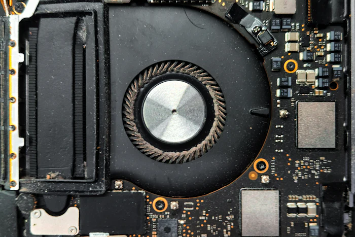 Primer plano de la placa lógica y el ventilador de un MacBook