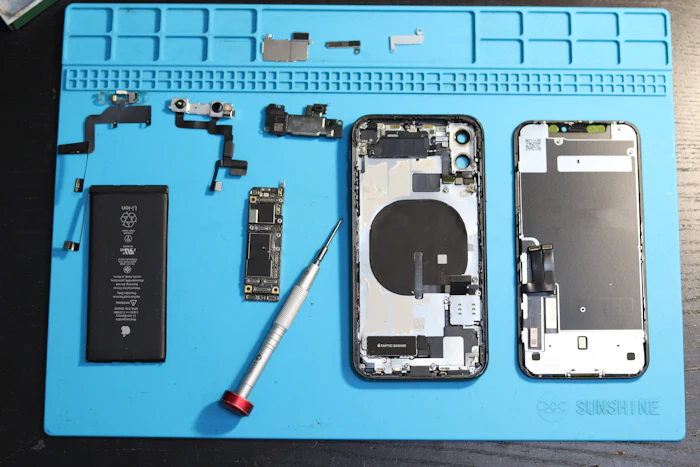 iPhone abierto sobre el tapete de trabajo, con la batería y la placa desmontadas