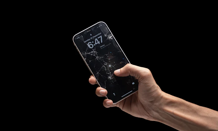 Mano sujetando un móvil con la pantalla rota